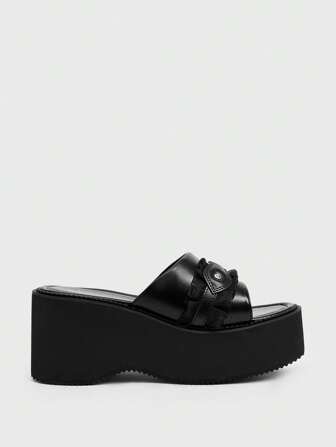 Goth Sandalias de tacón grueso y plataforma sexy de moda para mujer, con estilo punk, ribete de encaje, decoración en forma de corazón, estilo punk, puntera abierta y tacón ancho para fiestas