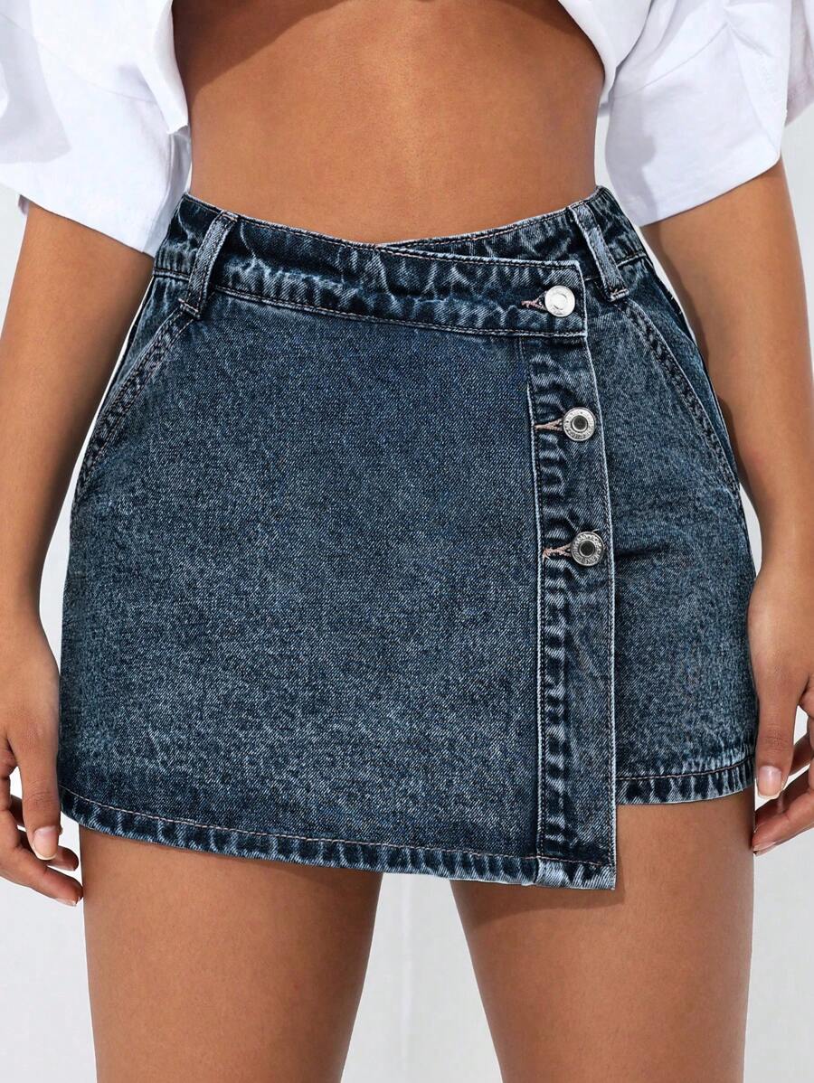 SHEIN PETITE 女式纯色前扣交叉裹身夏季时尚牛仔短裤 - 藍色 - 查看 1