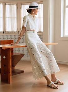 Arave 女士蕾丝两件套编织激光镂空刺绣短袖短款上衣阔腿裤，女士休闲度假装，/，女士服装，巡航女士服装，欧洲，女士度假装，2 件套，白色套装，女士生日装，蕾丝两件套，白色蕾丝两件套，两件套，两件套秋季女装秋季服装女士秋季秋装 - 白色 - 查看 5