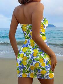 SHEIN SXY Vestido mini ajustado de verano para mujer, de estilo casual y sexy, con estampado minimalista tropical de limones, para usar como vestido o cubrecostado en la isla o en la playa