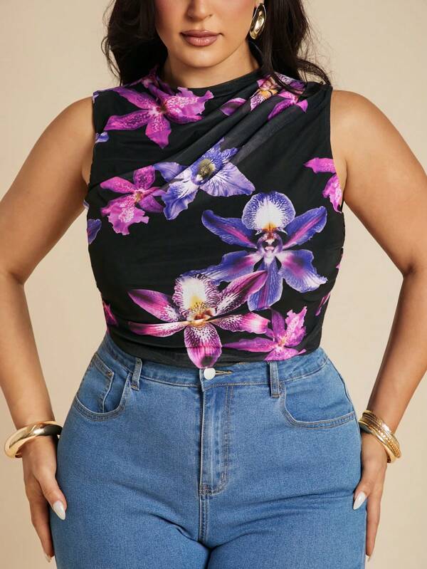 SHEIN BAE Plus Size Women's Spring/Summer Purple Large Floral Print Sleeveless Bodysuit,4th Of July Curve,Beach Outfit For Women,Airport Outfit Women,Festival Outfits Women,Graduation ,Women Summer Clothes,Going Out Tops Women,Rave Outfits,Club Outfits Women Sexy,Birthday Outfits For Women,Western Wear Women,One Piece Bathing Suit,Off The Shoulder Top,Black Top