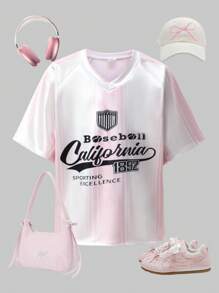 SHEIN Explorewe Camiseta de niña preadolescente con estampado y ribete a rayas con hombros caídos - Rosa - Ver 3