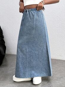 Tween Girl Y2k Casual Soft Boho Drawstring Waist Loose Fit Denim Long Skirt , Spring/Summer ,Beach For Tween Girl, Streetwear - Medium Wash - View 2
