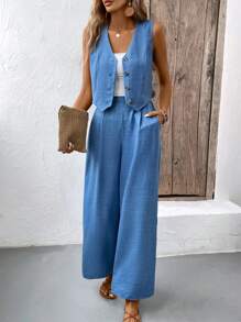 SHEIN PETITE 2 件套女士休闲通勤无袖吊带背心和裤子套装，夏季