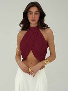 Aloruh Chiffon Urlaubs-Freizeitmode Kreuzausschnitt Rüschenrücken Knopf-Elegantes, sexy Damen Hemd - Bordeaux - Übersicht 9
