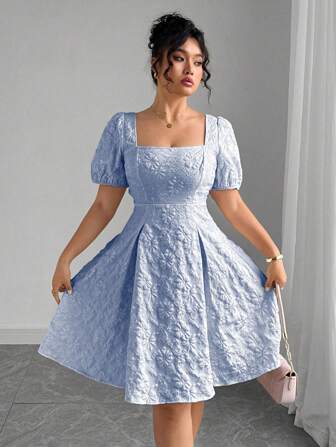 Elenzga 大码女款畅销花卉提花优雅泡泡袖方领连衣裙