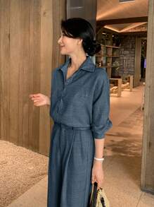 DAZY 女士优雅衬衫上衣和休闲裤两件套，时尚套装，秋季女士家居服套装 - 藏蓝色 - 查看 3