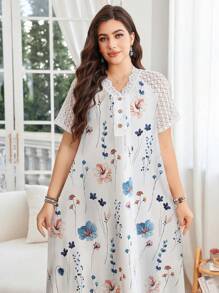 Lacomfia Plus Size Floral Print Lace Patchwork V-Neck Short Sleeve Dress - Multicolor - View 1
