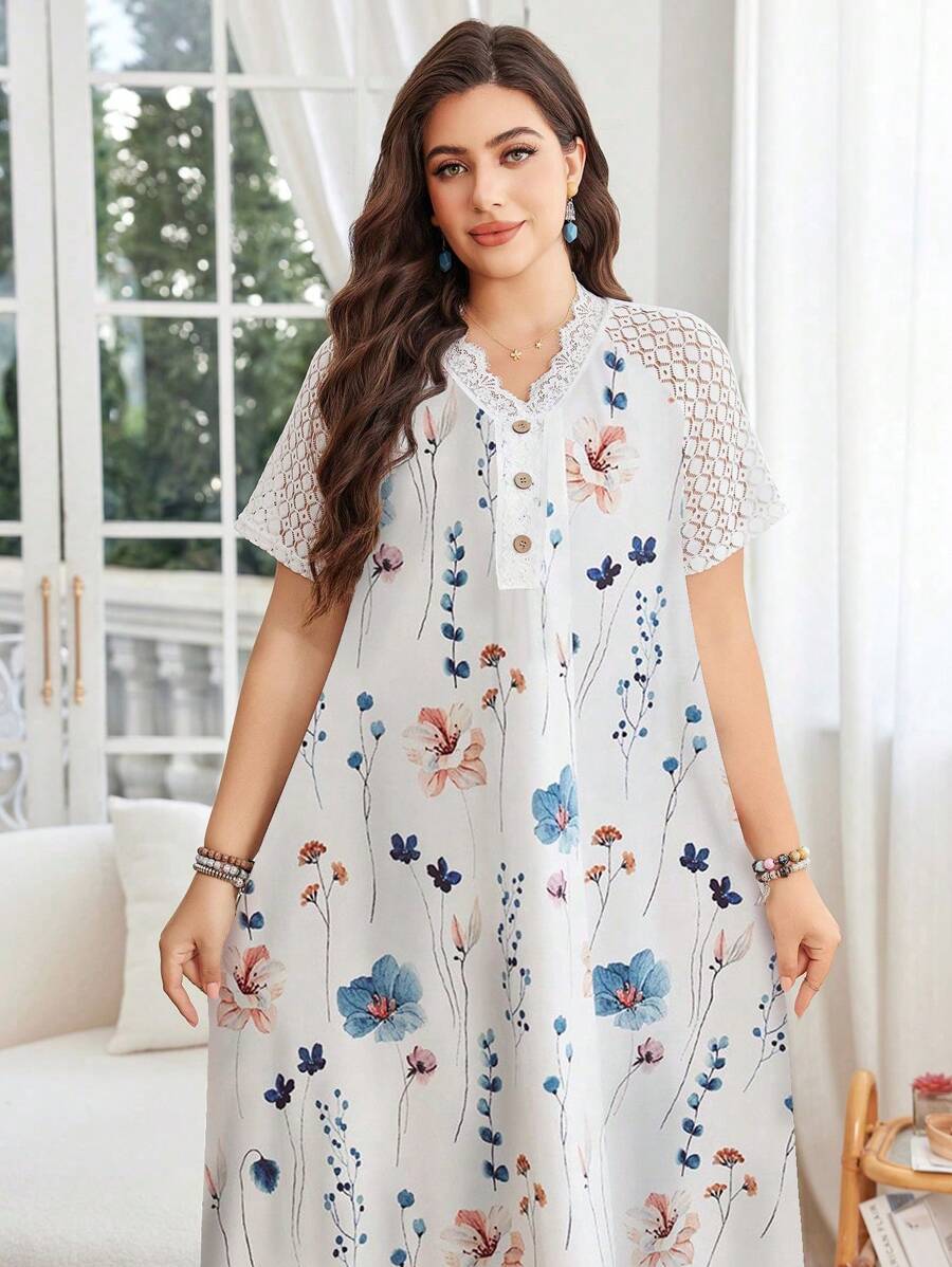 Lacomfia Plus Size Floral Print Lace Patchwork V-Neck Short Sleeve Dress - Multicolor - View 1