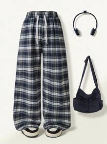 SHEIN 1 条女童休闲格子印花可调节腰部宽松裤，舒适面料，百搭设计 - 彩色 - 查看 1