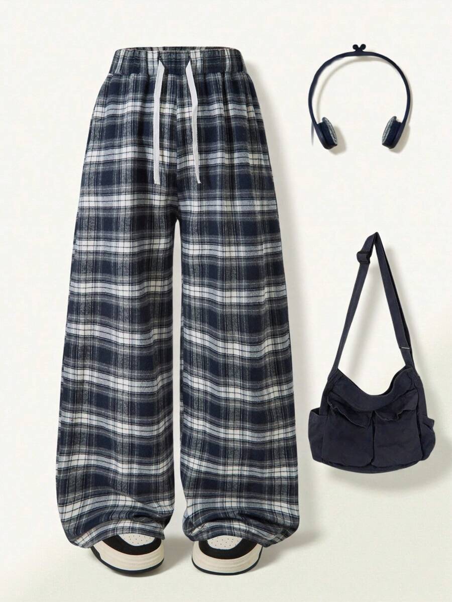 SHEIN 1 条女童休闲格子印花可调节腰部宽松裤，舒适面料，百搭设计 - 彩色 - 查看 1