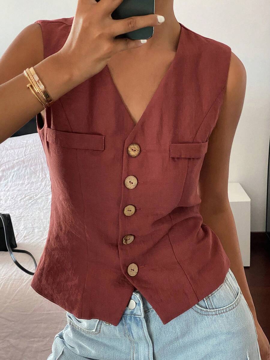 Livesso Women's V-Neck Cinched Waist Fitted Blouse, Fashionable For Summer Linen Going Out Tops - Burgundy - View 1