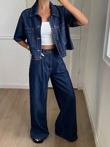 Livesso 女士夏季短袖衬衫和阔腿牛仔裤休闲宽松套装，返校服 - 藍色 - 查看 3