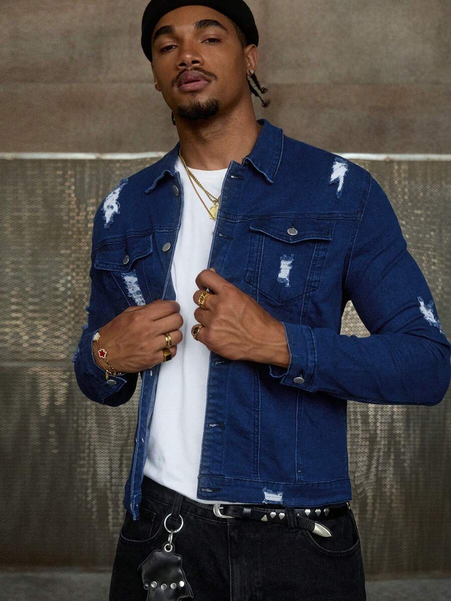 Manfinity BRENVOR 男士牛仔夹克，休闲时尚，适合日常穿着 - 藍色 - 查看 1