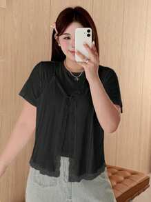 Dazy Plus Plus Size Summer Casual Solid Color Lace Trim T-Shirt