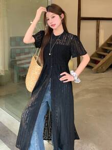 DAZY Women's Round Neck Casual Lace Loose Mid-Length Dress