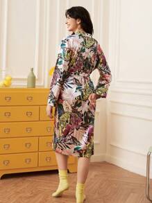 Women Tropical Leopard Floral Print Robe Luxeloungewear - Multicolor - View 2