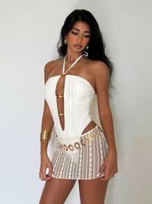 EgrlEra 1 bộ đồ bơi một mảnh hở vai buộc dây cổ khoét sâu đính hạt cho nữ kèm chân váy ren mini, phong cách Châu Âu gợi cảm và thuần khiết cho bãi biển, kỳ nghỉ, hồ bơi, tiệc tùng - Màu be - Xem 6