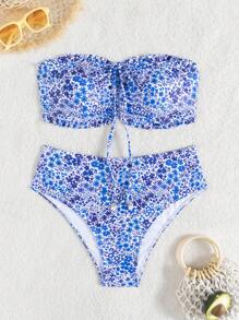 SHEIN Swim 女士可爱碎花吊带荷叶边甜心珍珠吊坠抽绳比基尼泳装套装，海滩夏日度假装