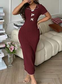 优雅蝴蝶结撞色长款针织连衣裙，女士家居服 - 酒紅色 - 查看 6