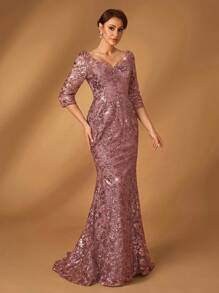 Serin 优雅奢华串珠网眼蕾丝刺绣 V 领中袖鱼尾连衣裙，适合正式派对、约会、度假、婚礼、新娘母亲仪式