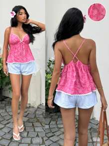 SHEIN EZwear Ladies' Holiday Casual Rose Red Hollow Embroidery Camisole Top - Hot Pink - View 2