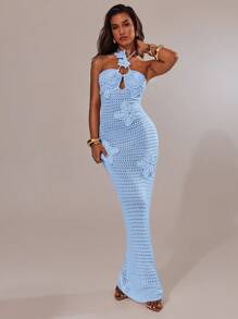 Váy dệt kim không tay hở vai đơn sắc trang trí đính vải cho nữ - Màu xanh nhạt - Xem 5