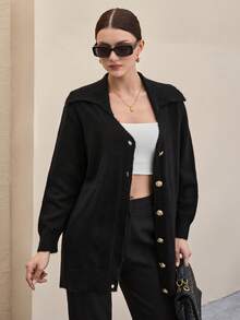 EURMUSE Áo len cardigan dệt kim cổ polo cài nút phía trước dáng rộng thanh lịch ấm áp cho nữ - màu đen - Xem 5