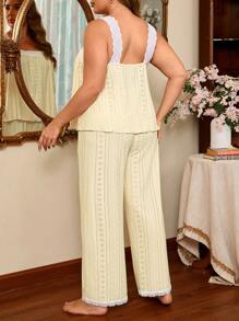 Set Piyama Jacquard Berongga Sederhana Ukuran Plus Gaya Prancis Romantis untuk Musim Liburan, Pakaian - Kuning - View 2