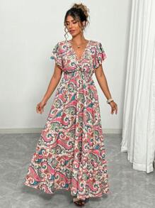 Elenzga Plus Size Women Elegant One-Shoulder Cinched Waist Sexy Fresh Floral Print Casual Dress For Spring & Summer - Multicolor - View 3