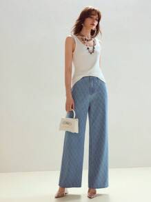 MOTF STUDIO 菱形花纹仿珍珠与水钻细节阔腿牛仔裤