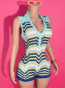 Slaydiva 2025 Summer New Graduation Season Student Daily Casual Vacation Cruise Travel Beach Sunbathing Viral Hit Polo Collar Button Cardigan Contrast Stripe Crochet Mesh Women Jumpsuit