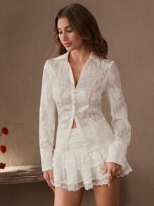 Savoree Elegante Chiffon-Spitzen-Ausschnitt-sexy transparente Stehkragen-Knopf-Langarmbluse, modisch und für den Berufsalltag, Frühling/Sommer - Aprikosenfarben - Übersicht 5