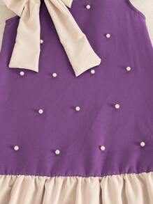 SHEIN Elladie kids Young Girl's Summer New Pearl Bow Sleeveless A-Line Ruffle Hem French Princess Style Elegant Simple Commuting Dress - Purple - View 7