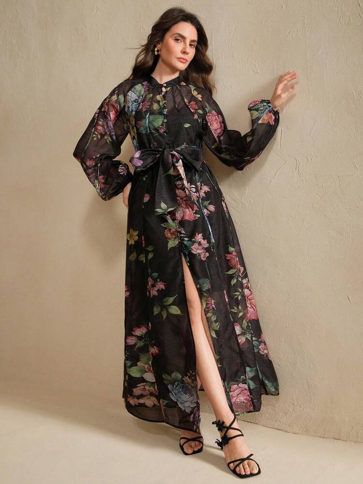 Women's Elegant Dress, Vacation Outfit Long Sleeve Tie-Waist Black Floral Print Long Cardigan Dress