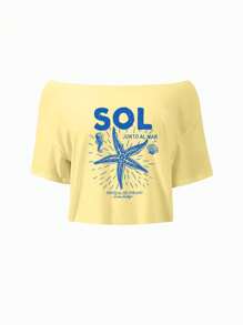 Sweetra Women's Cropped Asymmetrical Neck T-Shirt, Y2K Style, Yellow Cutoff Tee With Ocean Life Seahorse, Starfish, Shell Prints, Asymmetrical Neck Top - Yellow - View 4