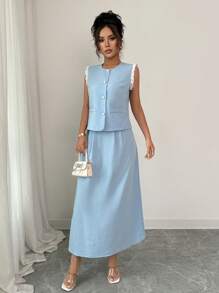 Elenzga 2pcs/Set Lace Trim Sleeveless Waist-Defining High Waist Skirt Set - Blue - View 3