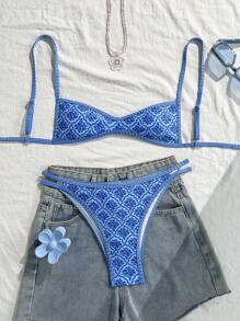 Swim Mod Women's Summer Spaghetti Strap Sexy Bikini Vacation Tight Casual Printed Random 2 Pieces Bikini Beach Outfit Set