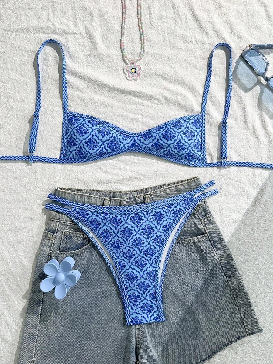 Swim Mod Women's Summer Spaghetti Strap Sexy Bikini Vacation Tight Casual Printed Random 2 Pieces Bikini Beach Outfit Set