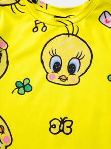 LOONEY TUNES X SHEIN Baby Girl Cute Cartoon Duck Pattern Yellow Round Neck Romper - Yellow - View 3