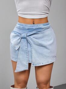 SHEIN ICON Women's Bow Decor Fashion Denim Skirt - Blue - View 3