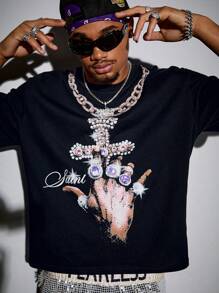 ROMWE MEN Street Life Men's Y2K Goth Slogan Print Short Sleeve Tee, Suitable For Everyday Wear, Spring/Summer, Halloween - Black - View 1