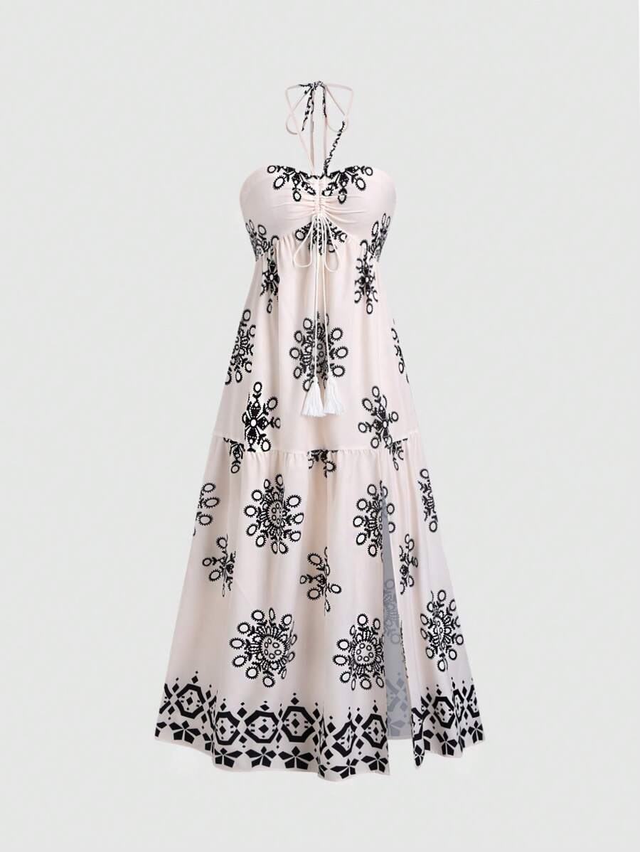 SHEIN Unity 波西米亚风格沙滩裙，细肩带高端长款太阳裙，适合夏季度假长款女装 - 彩色 - 查看 1