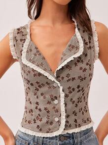 WESTFADE 乡村西部夏季倦怠花卉格子荷叶边纽扣前部宽松背心牛仔女郎牛仔竞技纳什维尔度假春夏海滩休闲 - 棕色 - 查看 6