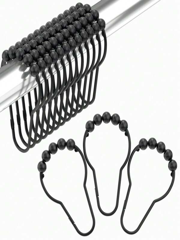 SHEIN Duschvorhang-Ringe & Haken, rostbeständige Metall-Duschvorhang-Haken für Badezimmer-Duschstangen, Dusch-Haken, Dusch-Ringe für Vorhänge - Set mit 12 Stück, matter schwarzer Wohndekoration für Badezimmer, Sommer-Badezimmer-Zubehör
