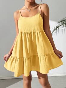 SHEIN EZwear 女式夏季梭织露背吊带裙 - 黃色 - 查看 7