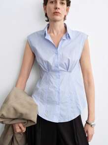 SHEIN LUNE Women's Fashion Elegant Collared Sleeveless Button Waist Pleat Design Regular Fit Woven Cotton Blouse, Blue, Suitable For Summer Outing, Dating, Vacation - Baby Blue - View 5