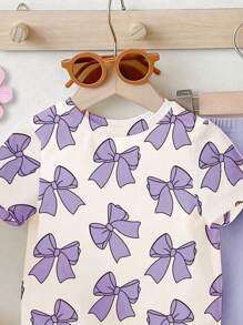 GraphicGems Baby Girls Bow Print Round Neck Short Sleeve T-Shirt & Pants Infant Girl Clothes Butterfly Butterfly Baby Outfit Toddler Girl Cotton Clothes Spring Toddler Girl Clothes Young Girls Clothing Sets