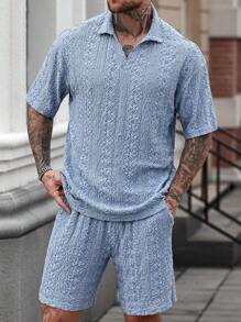 Manfinity Homme Men's Textured Knit Polo Shirt And Shorts Set Men Two Piece Casual Short Sets Mens Baby Blue Short Set Crochet Mens Short Set