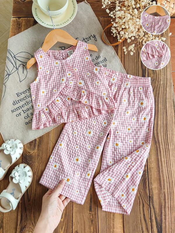 Set de 2 piezas con top con estampado floral de volantes y pantalón largo con patrón de waffle para bebé niña, estilo coreano informal y lindo